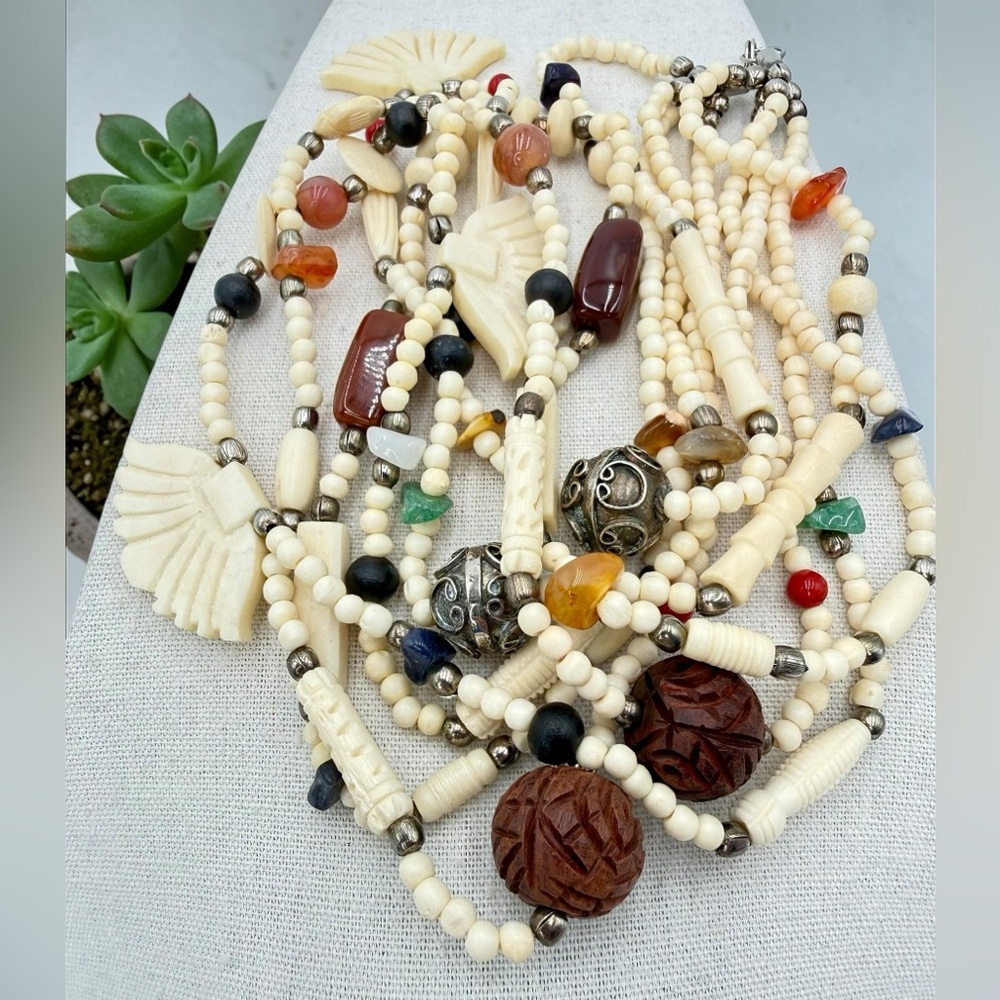 VTG 4 Strand Carved Bone Bead Necklace Jasper Carnelian Sodalite Agate Boho 24” - Picture 9 of 17